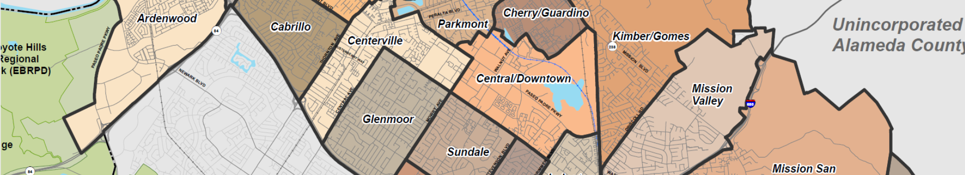 Map of Fremont with labeled neighborhoods including Ardenwood, Cabrillo, Centerville, Glenmoor, Sundale, Central/Downtown, Parkmont, Cherry/Guardion, Kimber/Gomes, Mission Valley and Mission San Jose. Also labels Unincorporated Alameda County