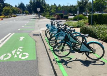 Bikes for hire, bike lane on city street