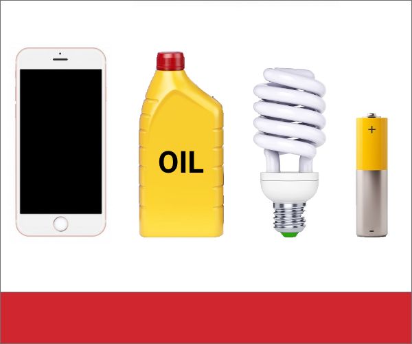 Hazardous Waste: old cell phone, oil, fluorescent bulb, and a battery