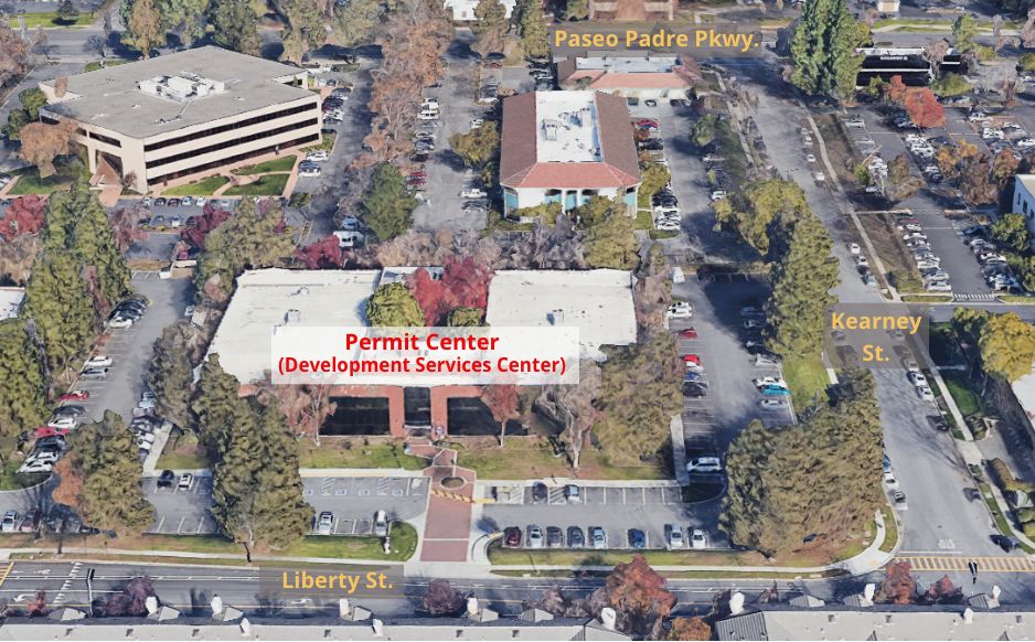 An Aerial image showing the Permit Center and the main streets surrounding it
